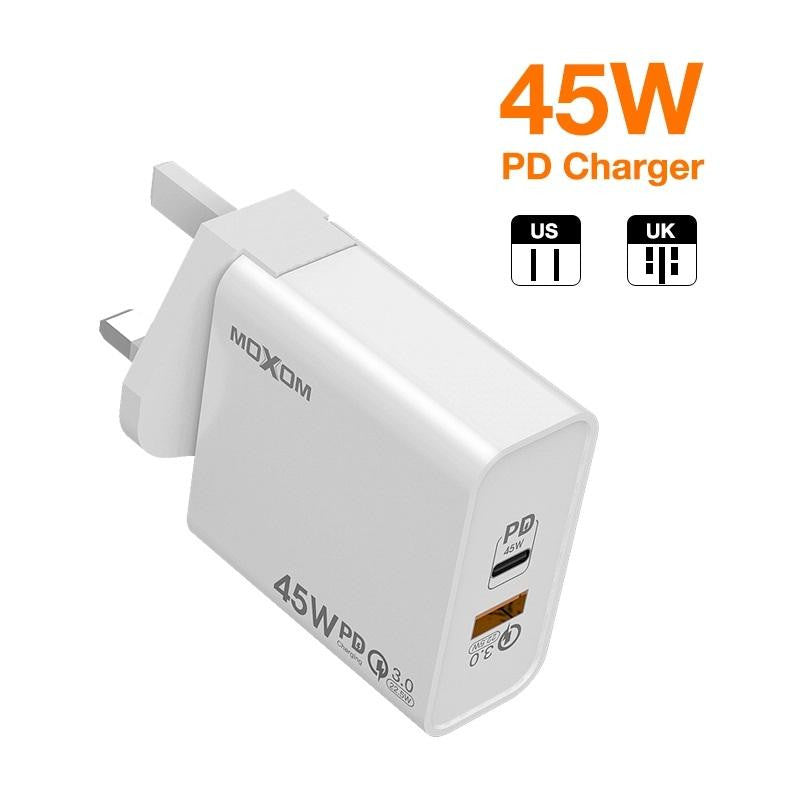 MOXOM White 2 In 1 Phone Travel Charger 2 Port QC3.0 PD3.0 fast UK | Shopna Online Store .