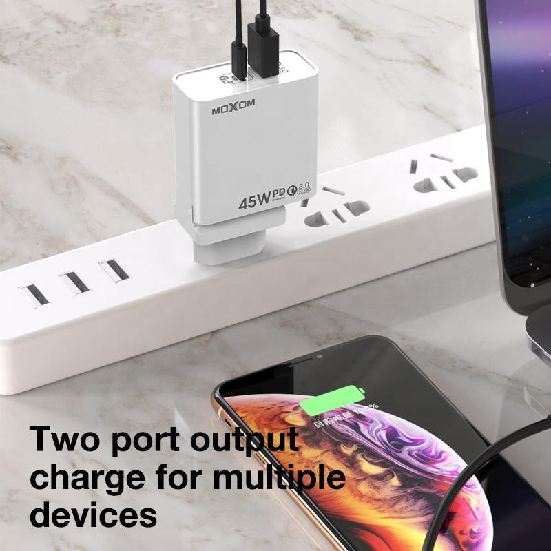 MOXOM White 2 In 1 Phone Travel Charger 2 Port QC3.0 PD3.0 fast UK | Shopna Online Store .